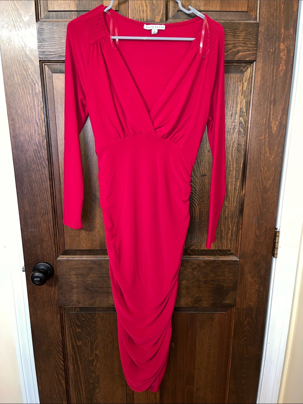 Haute Monde V-Nevk Red Long Sleeve Dress with Scrunched Sides
